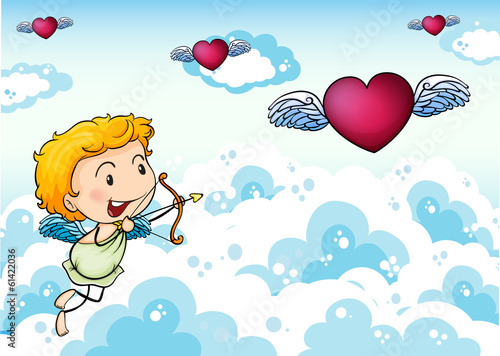 A sky with an angel and heart's with wings