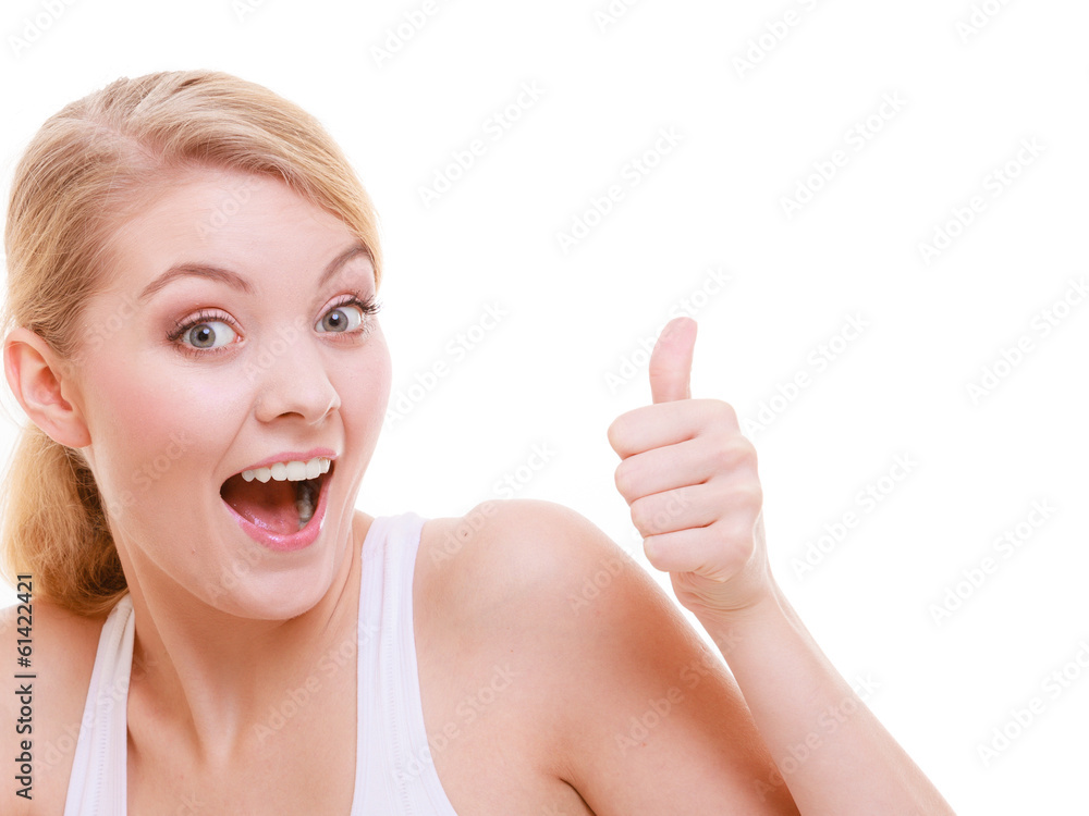 Fit fitness sport woman happy girl thumb up gesture isolated Fit fitness sport woman happy girl thumb up gesture isolated