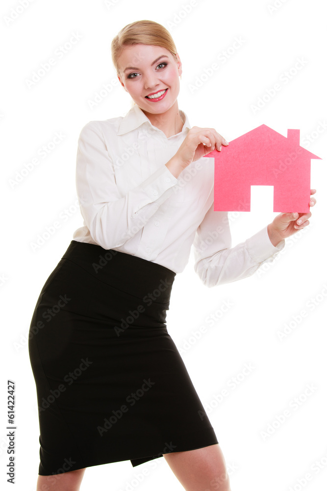 Business woman real estate agent holding red paper house Business woman real estate agent holding red paper house