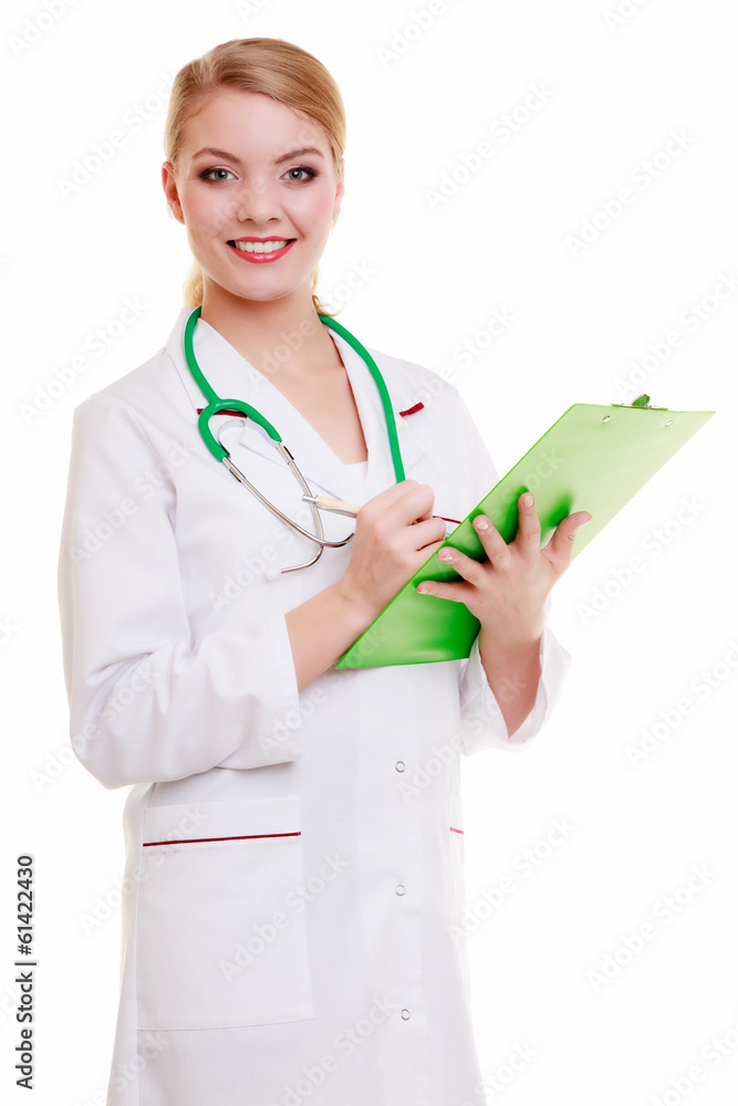 Doctor or nurse with stethoscope writing with pen on clipboard. Doctor or nurse with stethoscope writing with pen on clipboard.