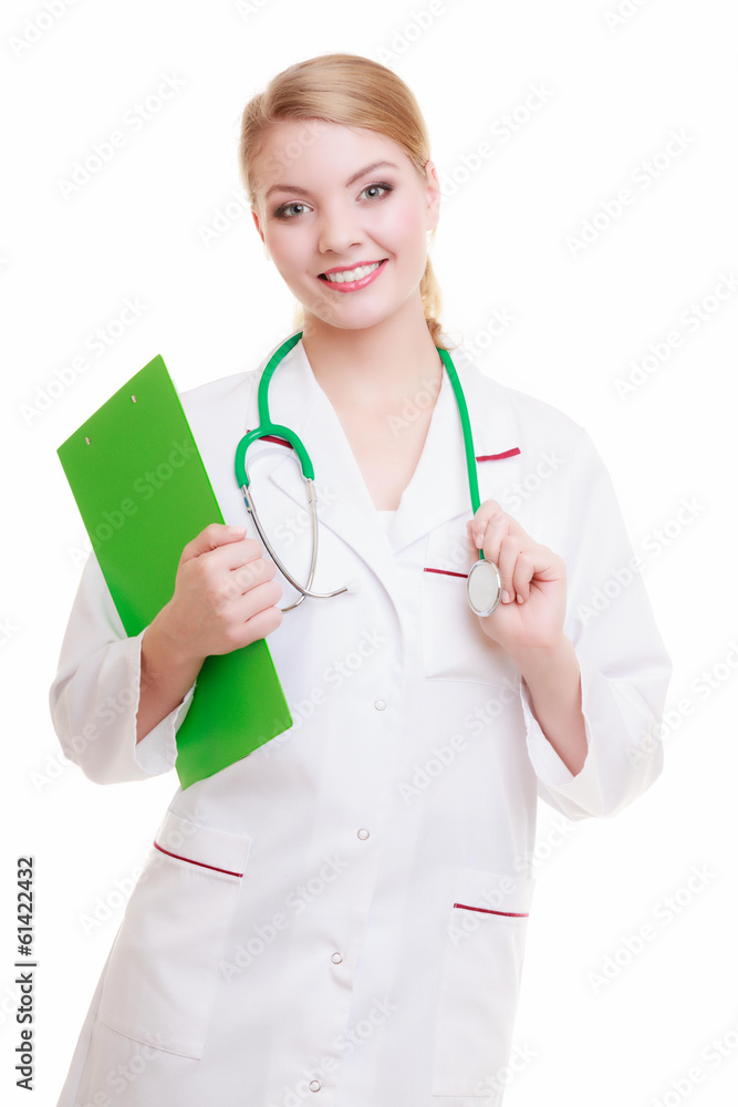 Female doctor or nurse with stethoscope green clipboard. Female doctor or nurse with stethoscope green clipboard.