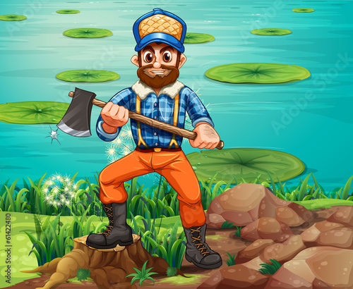 A lumberjack holding an axe at the riverbank