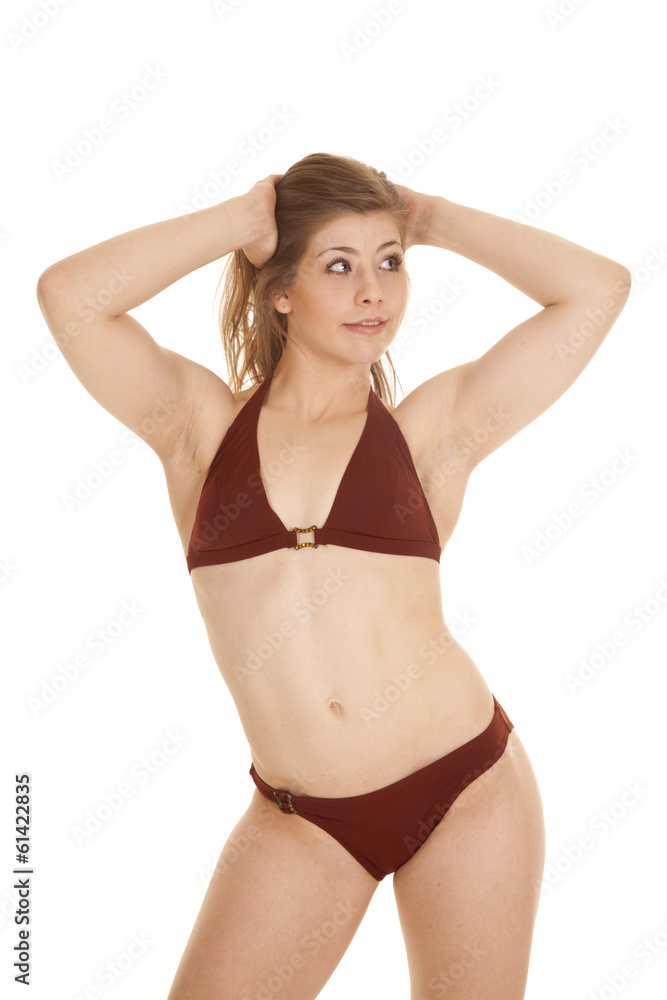 Woman bikini hands hair look side Woman bikini hands hair look side