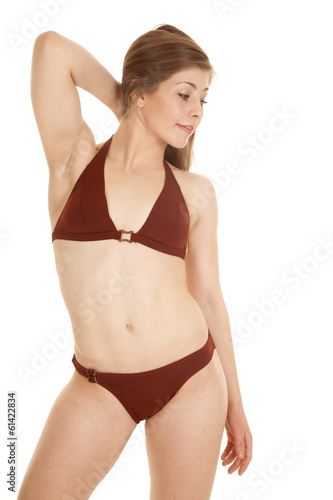 Woman bikini hand behind head look down side © Poulsons Photography