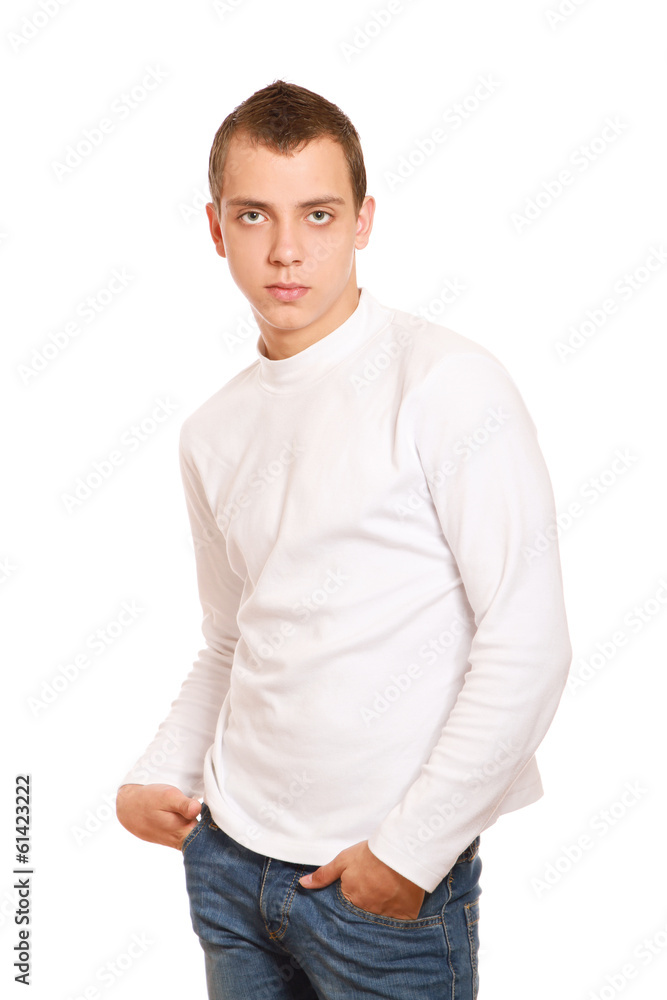 A handsome man standing isolated on white background A handsome man standing isolated on white background