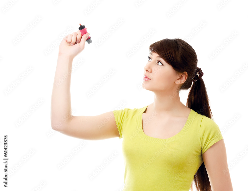 College girl writing something isolated on white background. College girl writing something isolated on white background.