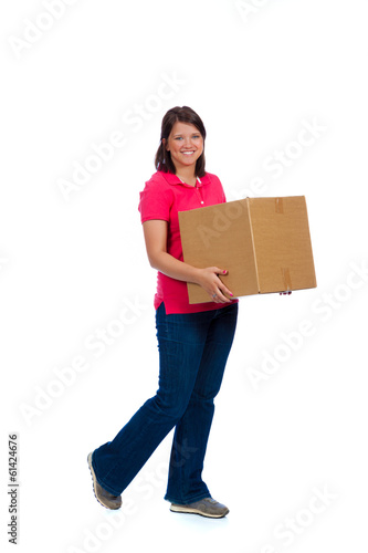 Young lady holding a moving box