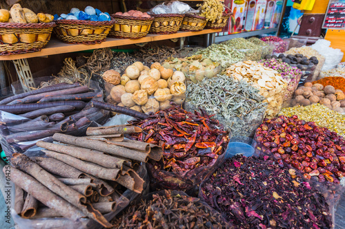 Canvas Print dried herbs flowers spices in the spice souq at Deira