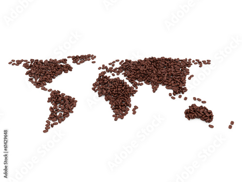 World map made from coffee beans isolated on white background
