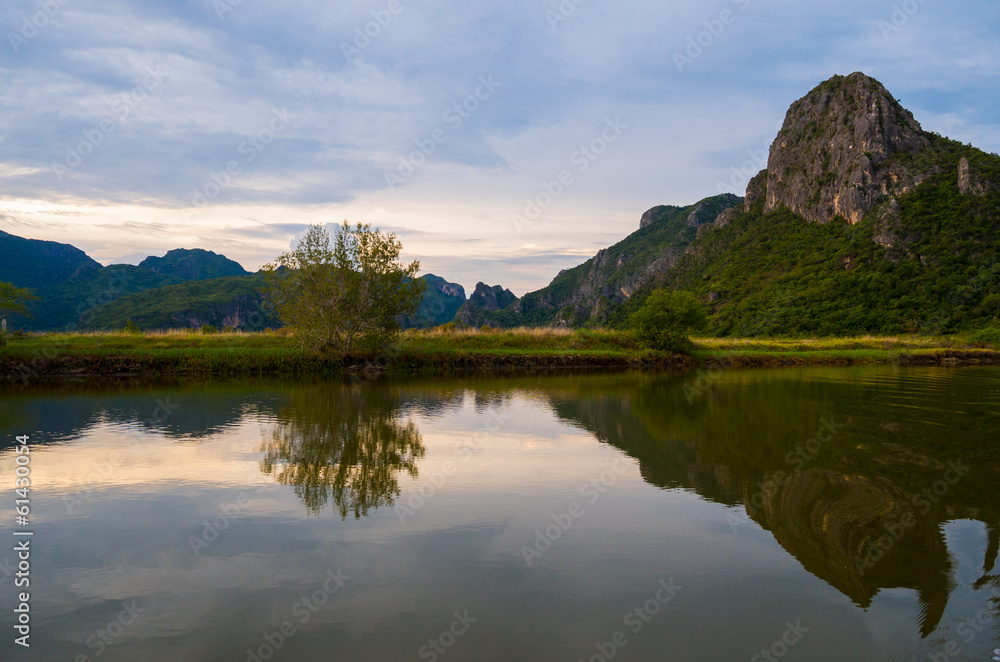 Mountain lake reflection in Prajuabkirikhan Province of Thailand