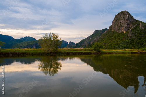 Mountain lake reflection in Prajuabkirikhan Province of Thailand