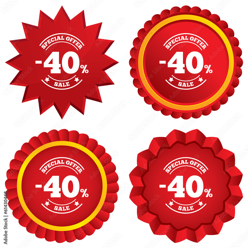 40 percent discount sign icon. Sale symbol. 40 percent discount sign icon. Sale symbol.