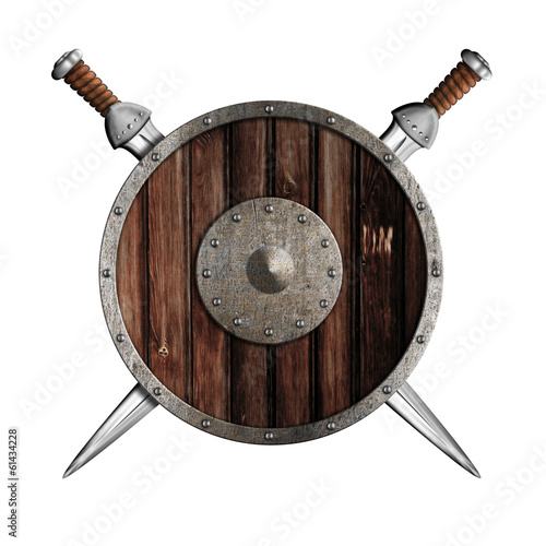 Two swords and wooden round shield isolated