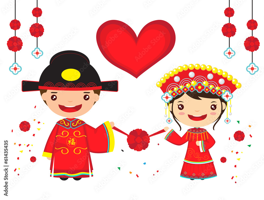 Chinese wedding couple, cartoon chinese new year