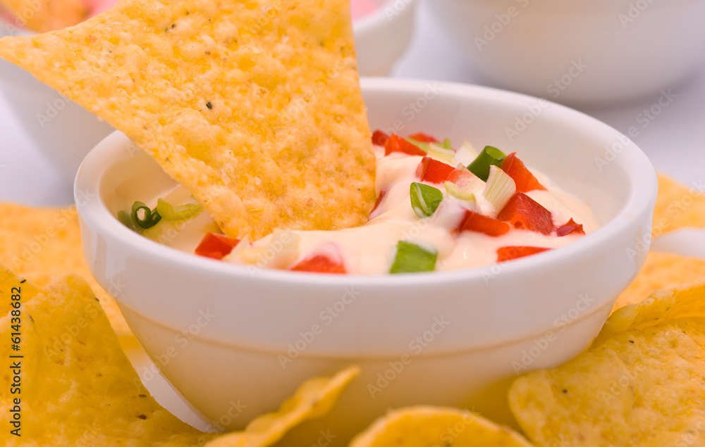 Potato Chips with various Dip Souces isolated on white Potato Chips with various Dip Souces isolated on white