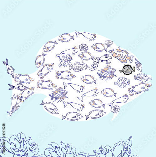 Fish. Vector illustration with fish and cockleshel