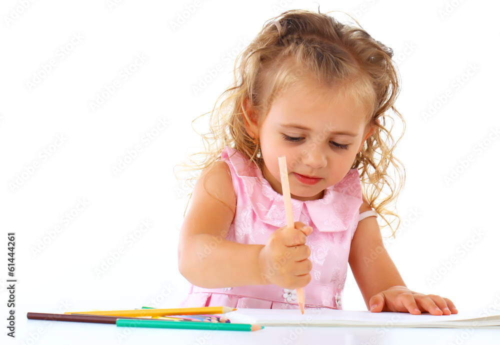 Beautiful smiling girl draws pencil Beautiful smiling girl draws pencil
