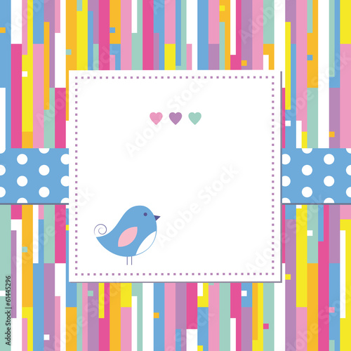 blue bird and hearts on colorful abstract pattern greeting card
