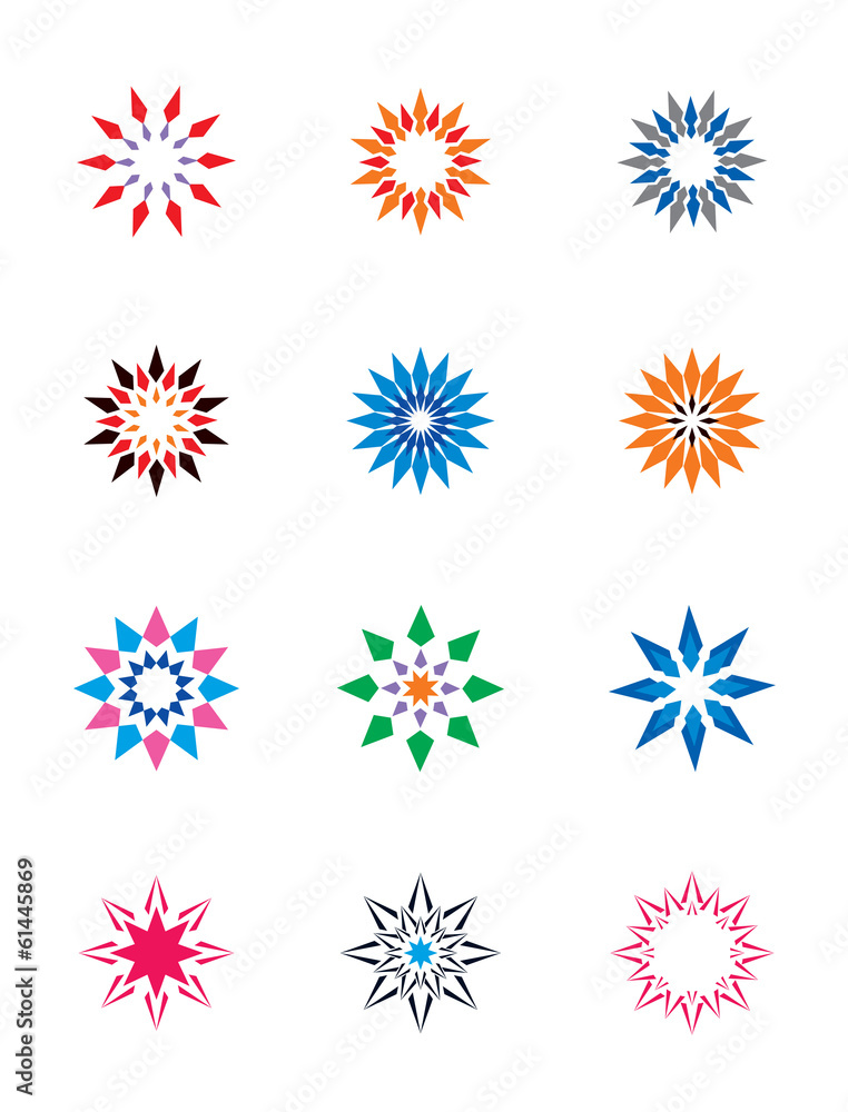 set of colorful abstract floral and stars icons