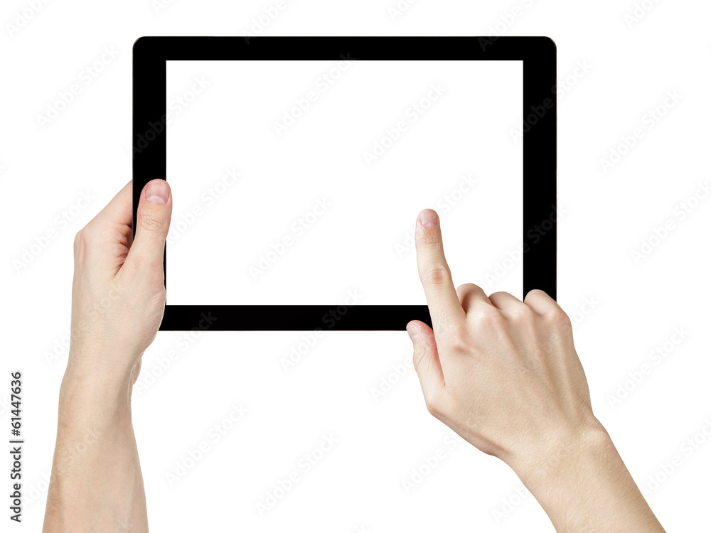 adult man hands using generic tablet pc with white screen adult man hands using generic tablet pc with white screen