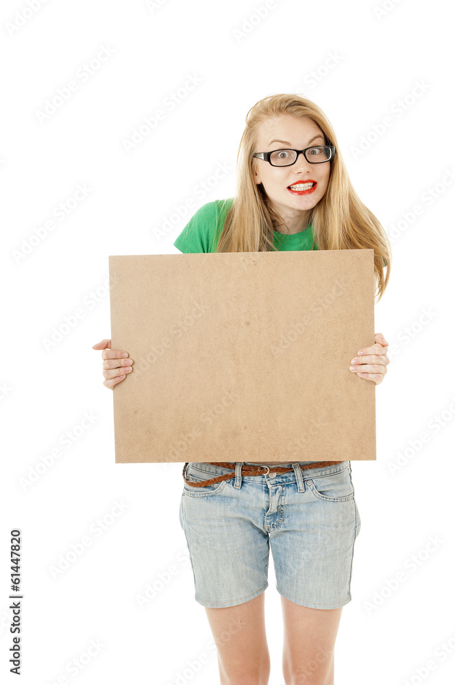 Happy young girl holding empty wooden notice board and wearing e Happy young girl holding empty wooden notice board and wearing e