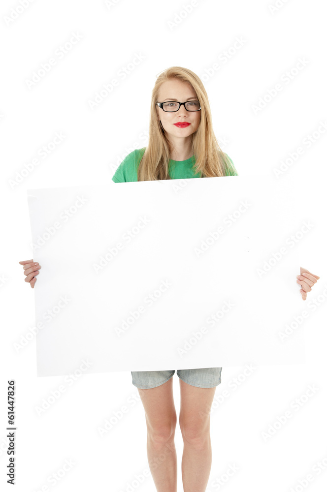 Happy girl showing blank empty billboard poster sign. Cute girl Happy girl showing blank empty billboard poster sign. Cute girl