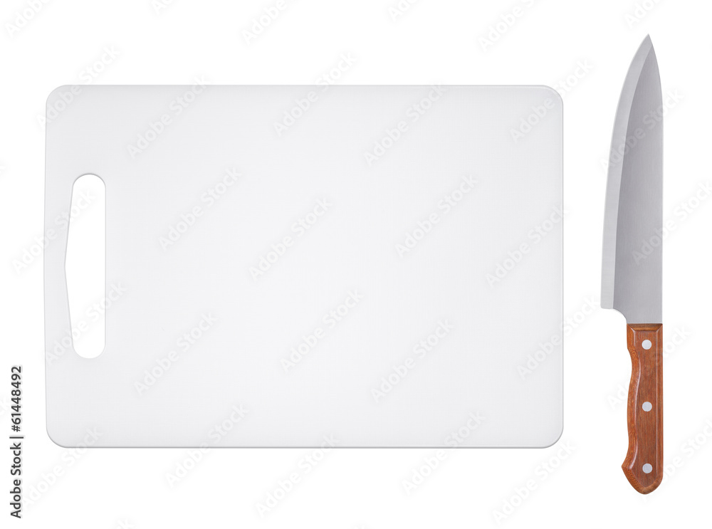 Cutting board and kitchen knife on a white background Cutting board and kitchen knife on a white background