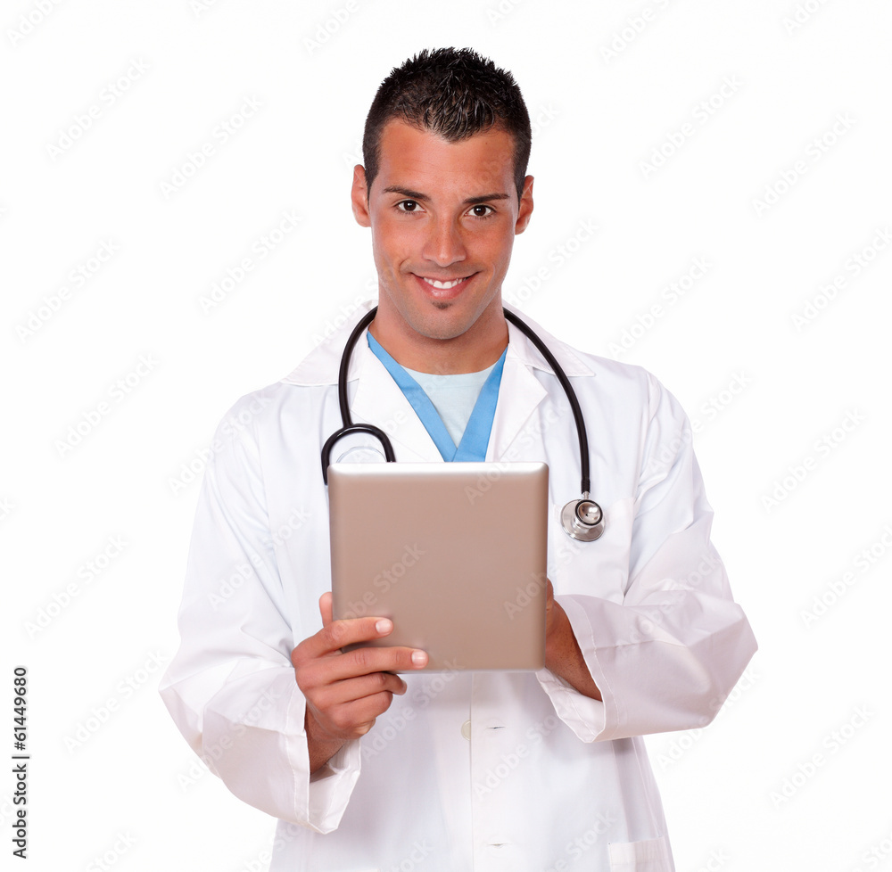 Handsome doctor guy working with his tablet pc Handsome doctor guy working with his tablet pc