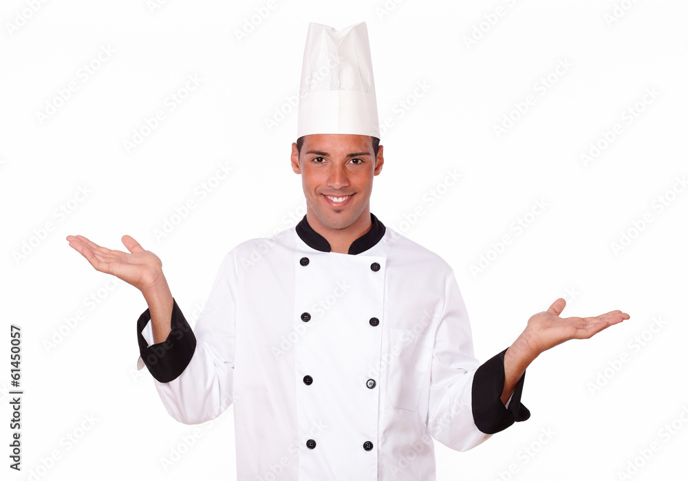 Handsome hispanic chef holding up his hands Handsome hispanic chef holding up his hands