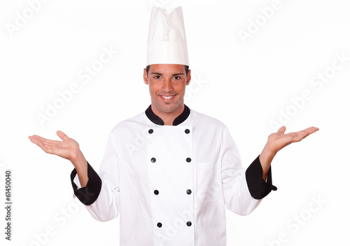 Professional latin chef holding up his palms