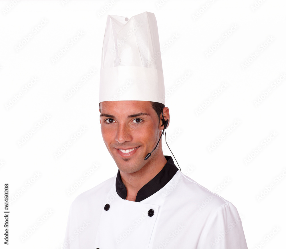 Young latin chef talking on microphone Young latin chef talking on microphone