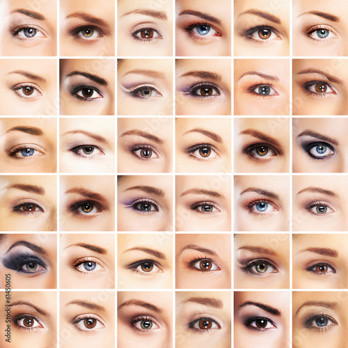 A collection of many female eyes with different makeup