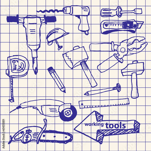 Vector hand-drawn working tools set