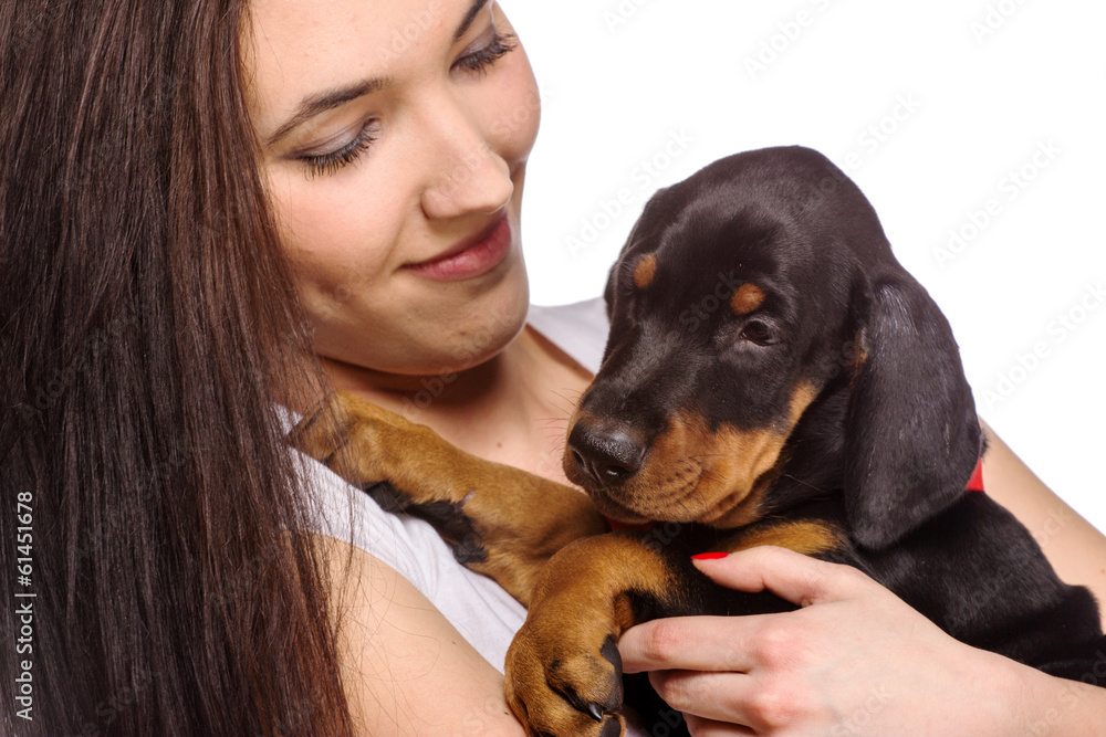 Brunette girl with her puppy isolated on white background Brunette girl with her puppy isolated on white background