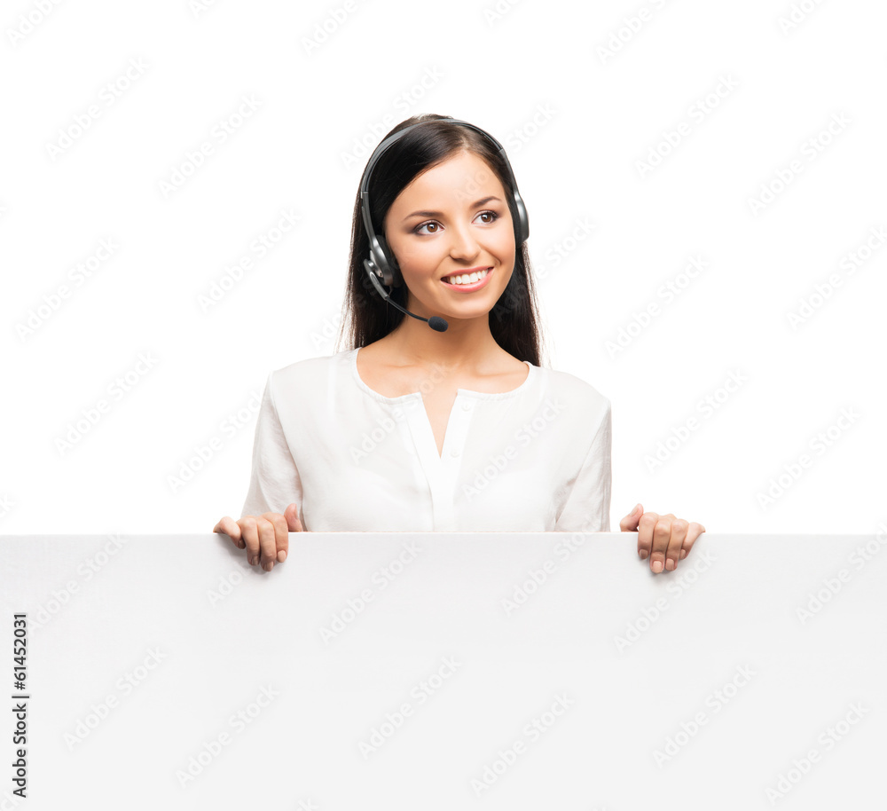 A beautiful customer support operator with a white banner A beautiful customer support operator with a white banner