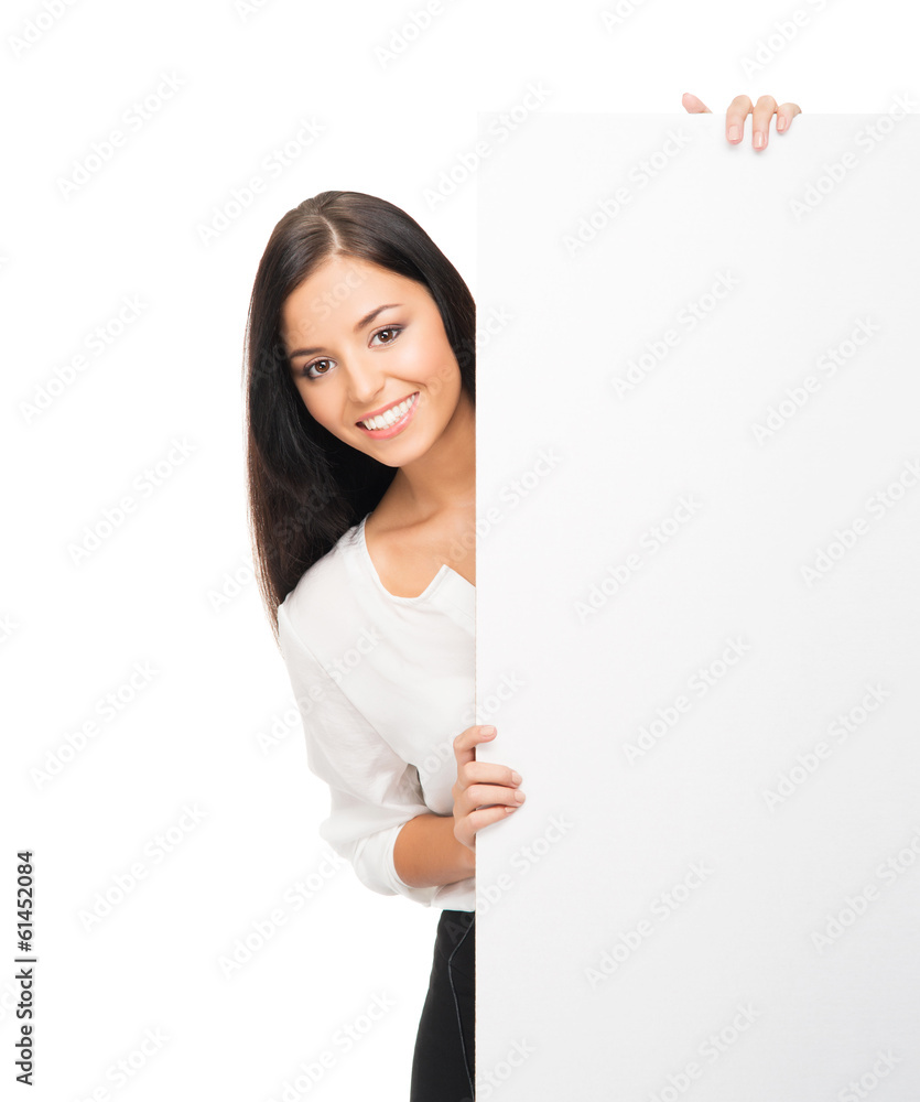 A successful and beautiful businesswoman with a banner A successful and beautiful businesswoman with a banner