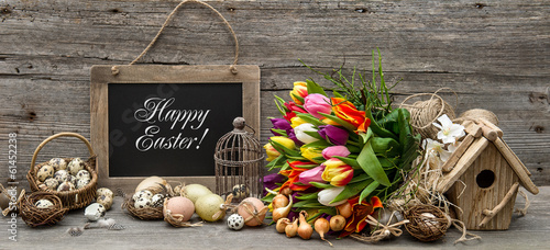 Canvas Print easter decoration with eggs and tulip flowers