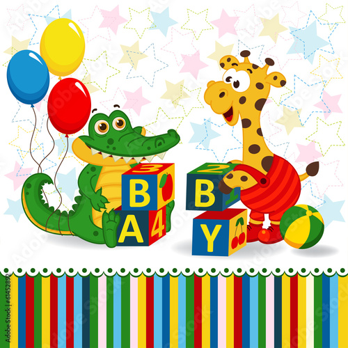 giraffe and crocodile baby blocks - vector illustration