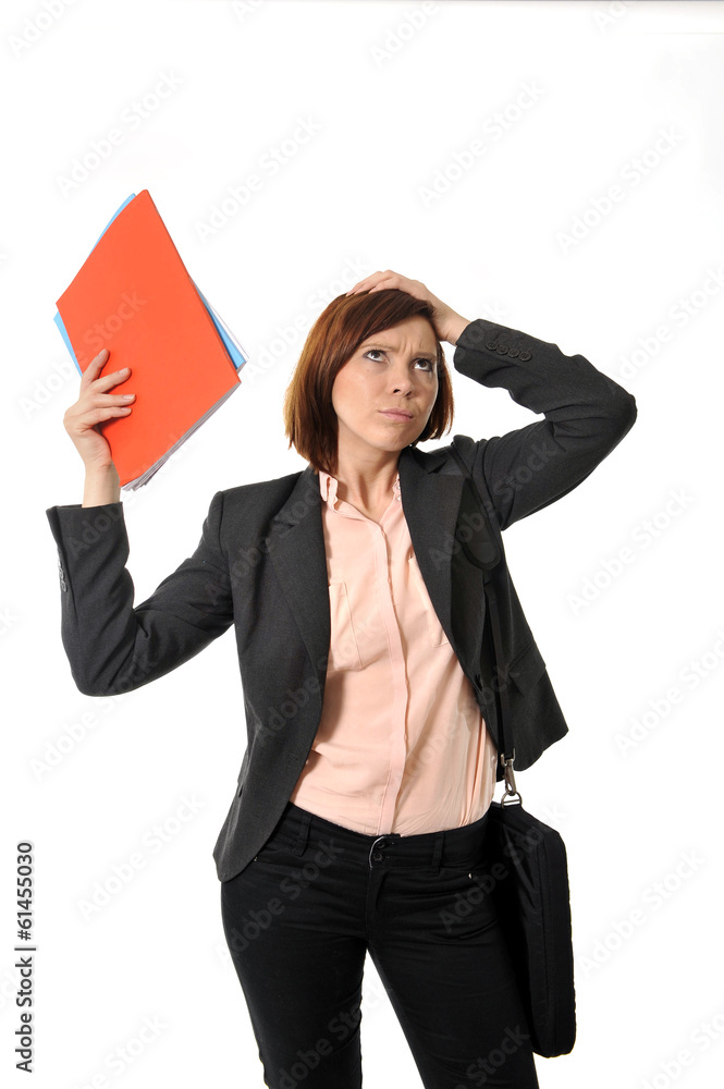 doubtful business woman or student with portfolio doubtful business woman or student with portfolio