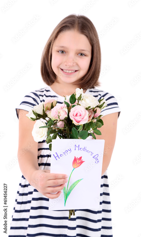 Beautiful little girl with flowers and postcard in her hand, Beautiful little girl with flowers and postcard in her hand,