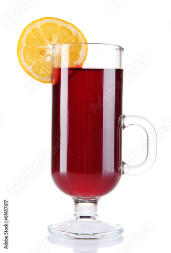 Mulled wine with lemon isolated on white