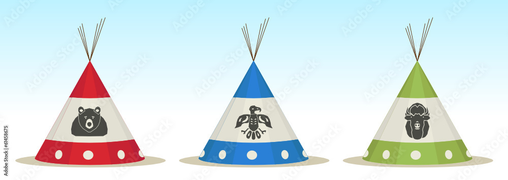 3 Tepee houses with animals draw
