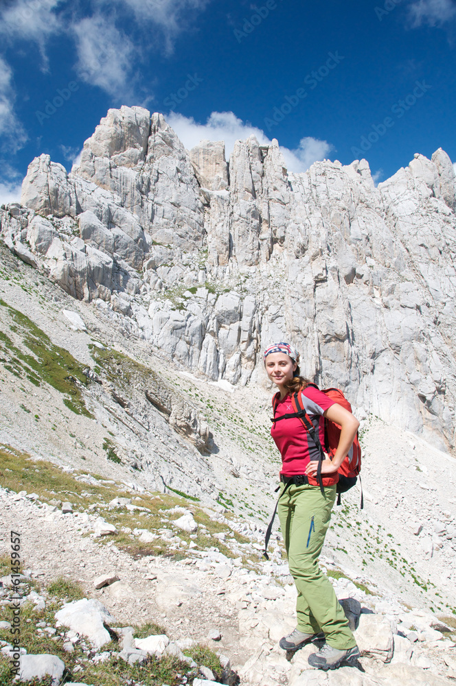 A smiling girl on the mountain trail, Abruzzo, Italy
