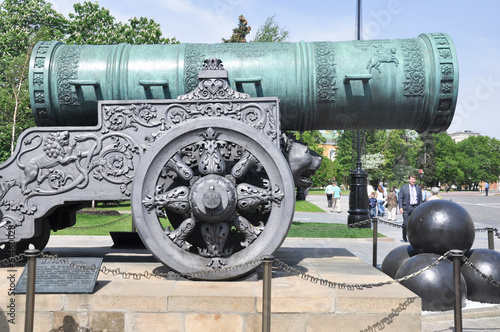 Historic cannon and balls in front of a church at the Kremlin
