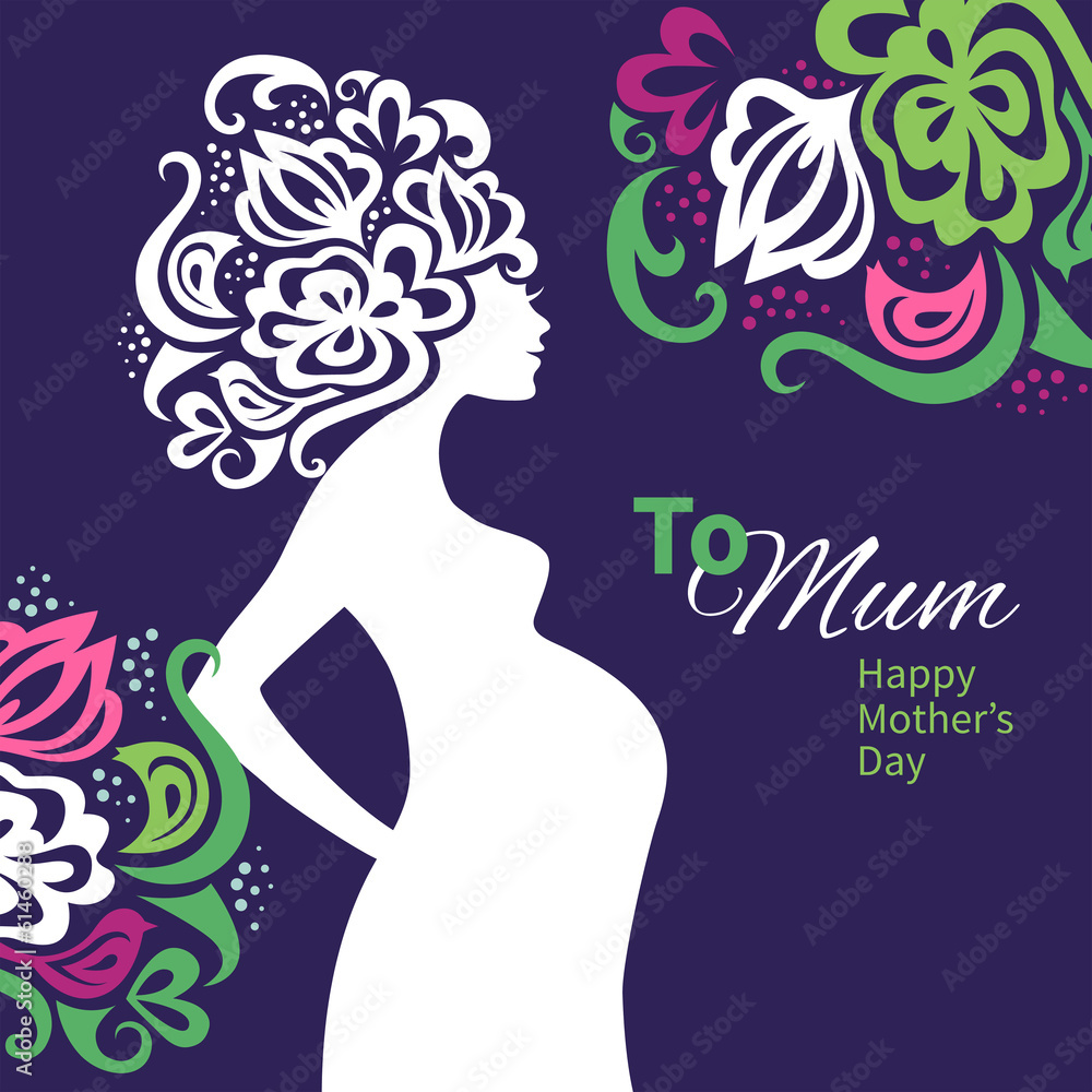 Pregnant woman silhouette with floral background