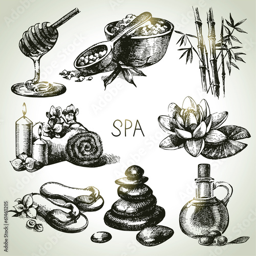 Spa sketch icon set. Beauty vintage hand drawn illustrations