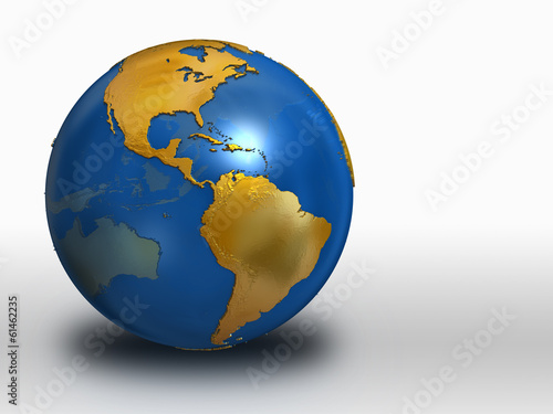 Blue and Gold Earth over white background - western hemisphere