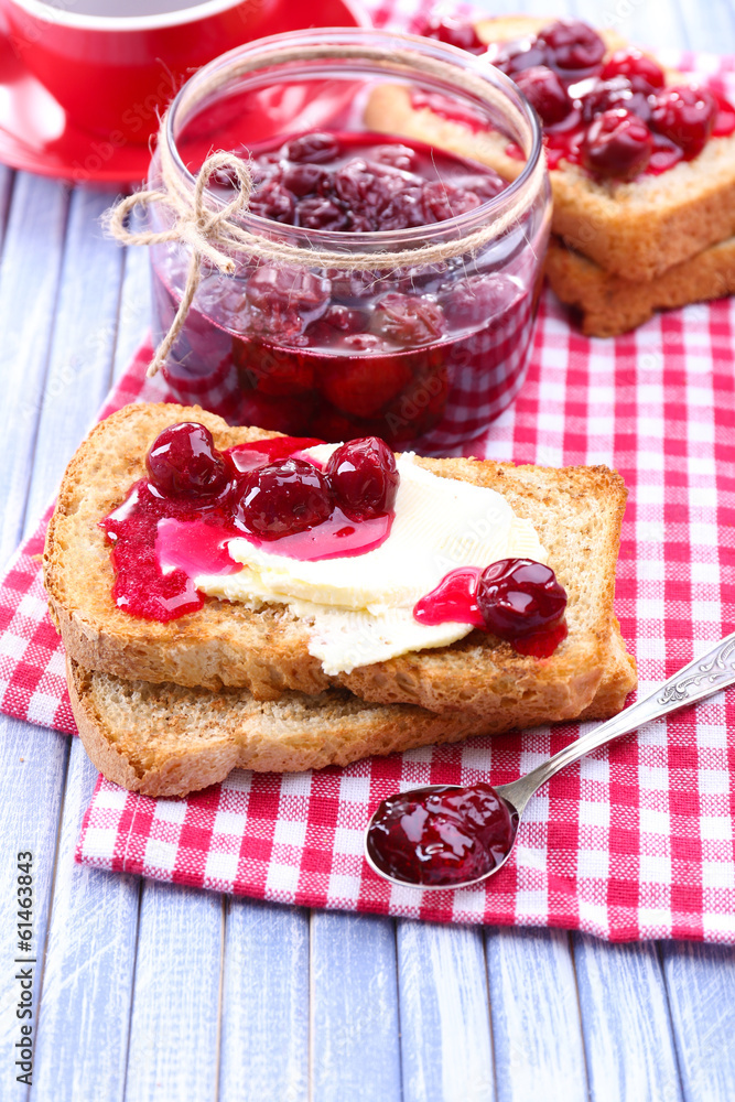 Delicious toast with jam on table close-up Delicious toast with jam on table close-up