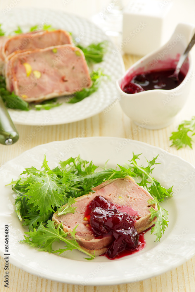 Duck terrine with pistachios and cherries. Stock Photo | Adobe Stock