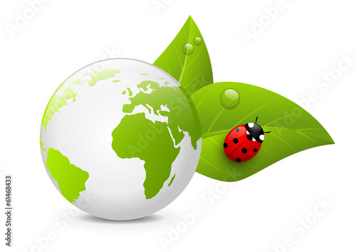Earth globe with green leaves